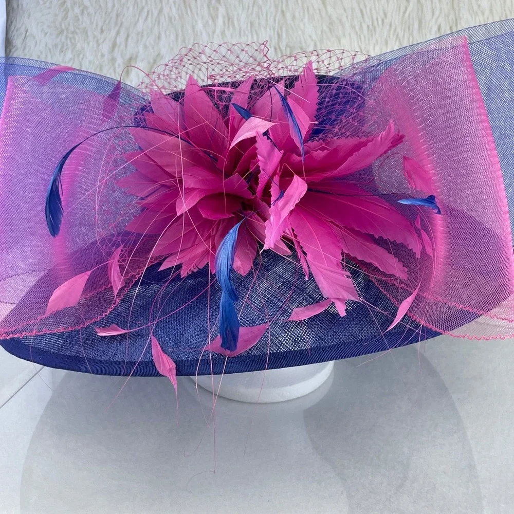 Royal Blue Magenta Pink Sinamay Fascinator Hat Derby Wedding Tea Party Wide Brim